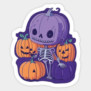 Halloween funny purple skeleton and orange pumpkins Sticker